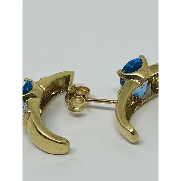 10K Yellow Gold Blue Topaz Diamond Earrings Half Hoop - Picture 6 of 7